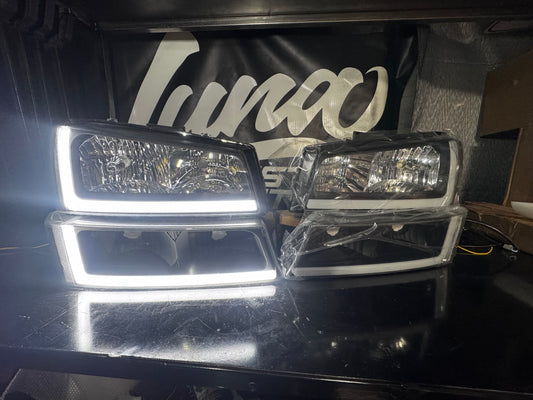 Switch back Headlights For 2003-2007 Chevy Silverado Black L LED BAR Headlamps+ Bumper Lamps