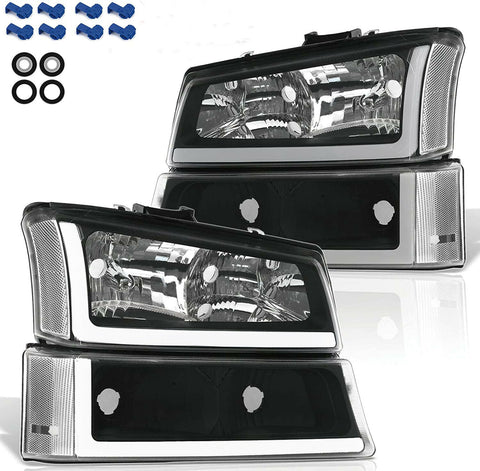 Headlights For 2003-2007 Chevy Silverado Black L LED BAR Headlamps+ Bumper Lamps