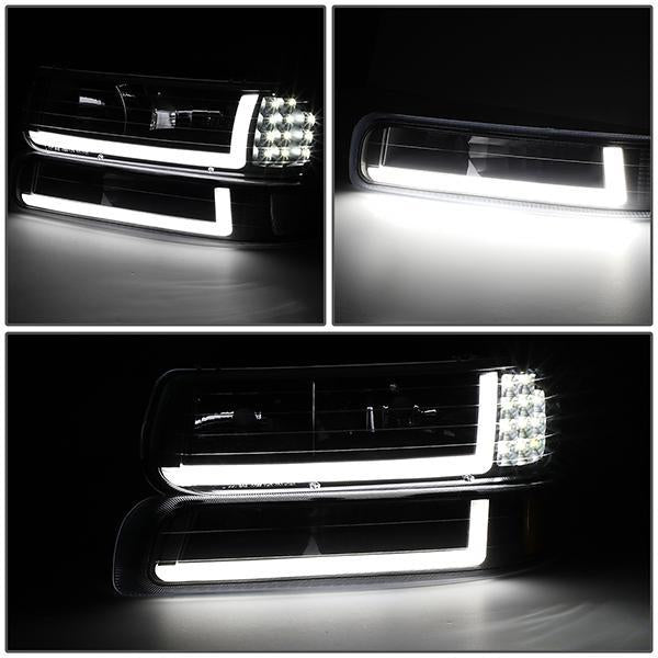 LED DRL Headlights + Bumper Lamps For 99-02 Chevy Silverado & 00-06 Tahoe Suburban - Black Housing