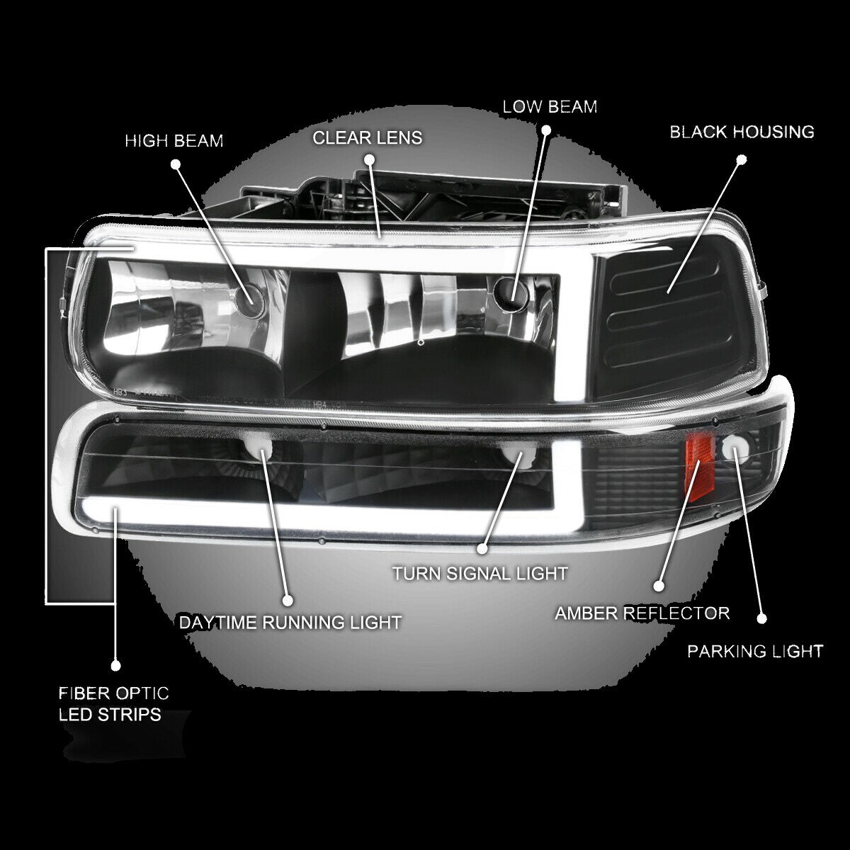 99-02 Chevy Silverado 00-06 Suburban LED DRL Headlights+Bumper Lamp Big C Bar